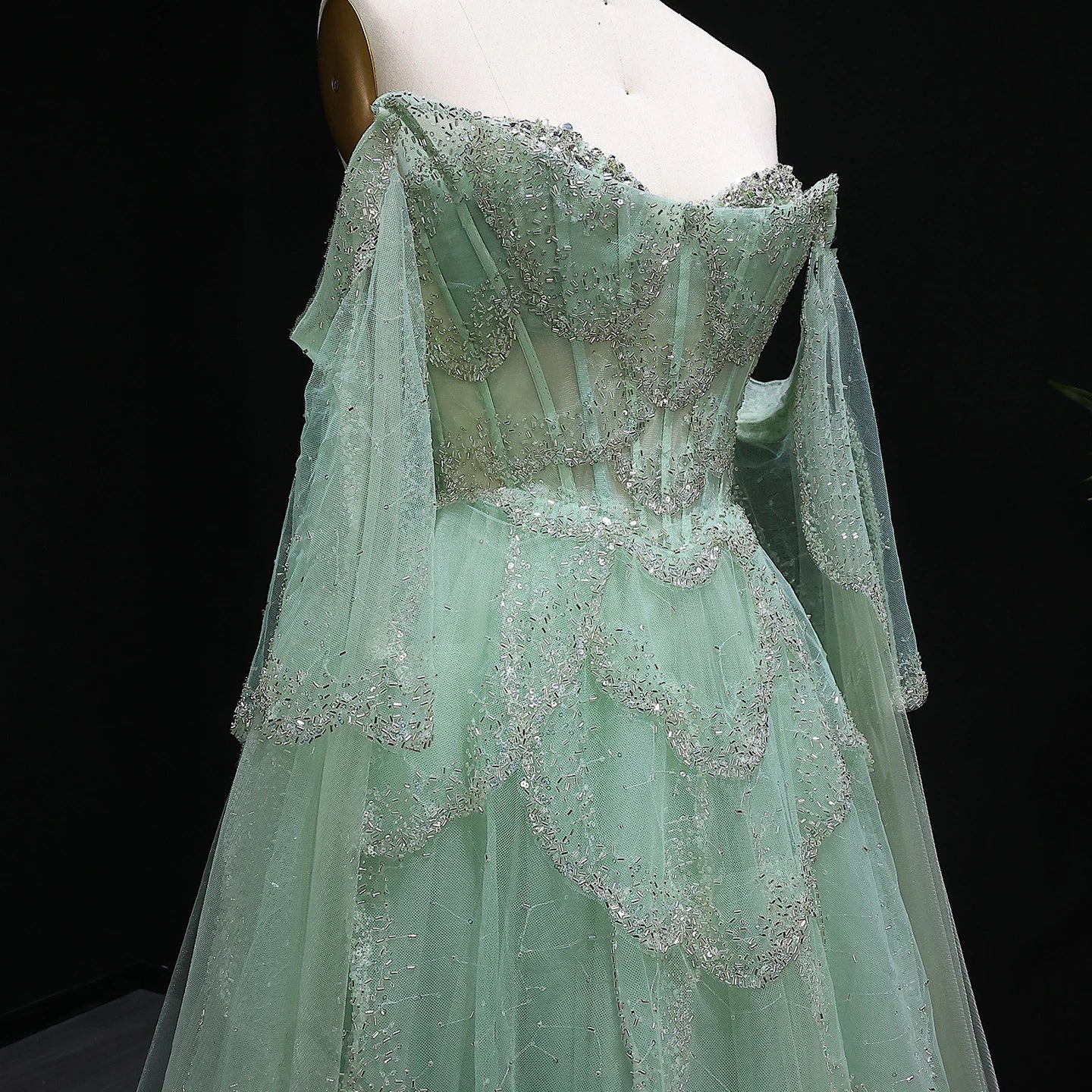 Sage Green Sage Green Sweetheart Evening Gown with Cape Sleeves — GCC Formal — Riviera Couture GCC Luxury Evening Gown