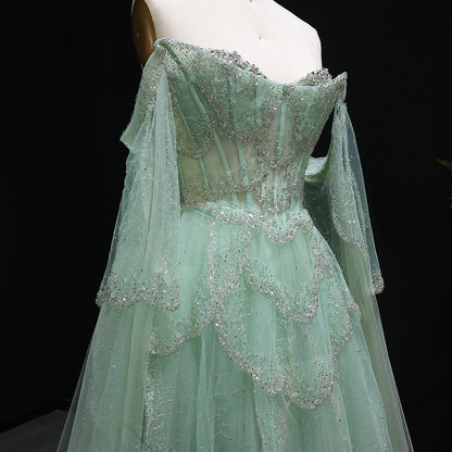 Sage Green Sage Green Sweetheart Evening Gown with Cape Sleeves — GCC Formal — Riviera Couture GCC Luxury Evening Gown