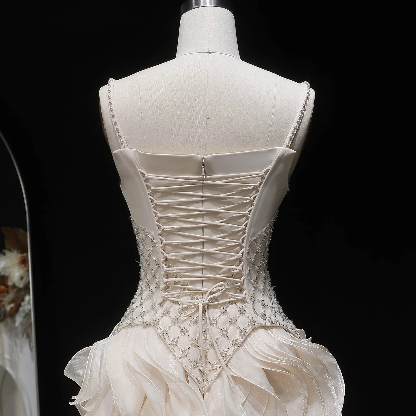 Beige Tiered Ruffle Evening Gown — Beaded Pearl GCC Luxury Formal — Riviera Couture GCC Luxury Evening Gown