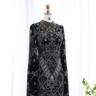 Beaded Luxury Muslim Evening Dress with Flare Long Sleeves High Neck - Riviera Couture