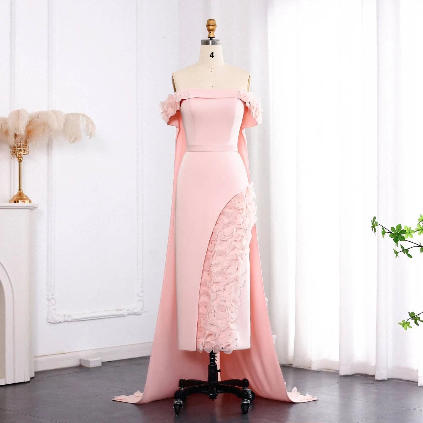 Elegant Off Shoulder Blush Pink 3D Flowers Evening Dress - Riviera Couture