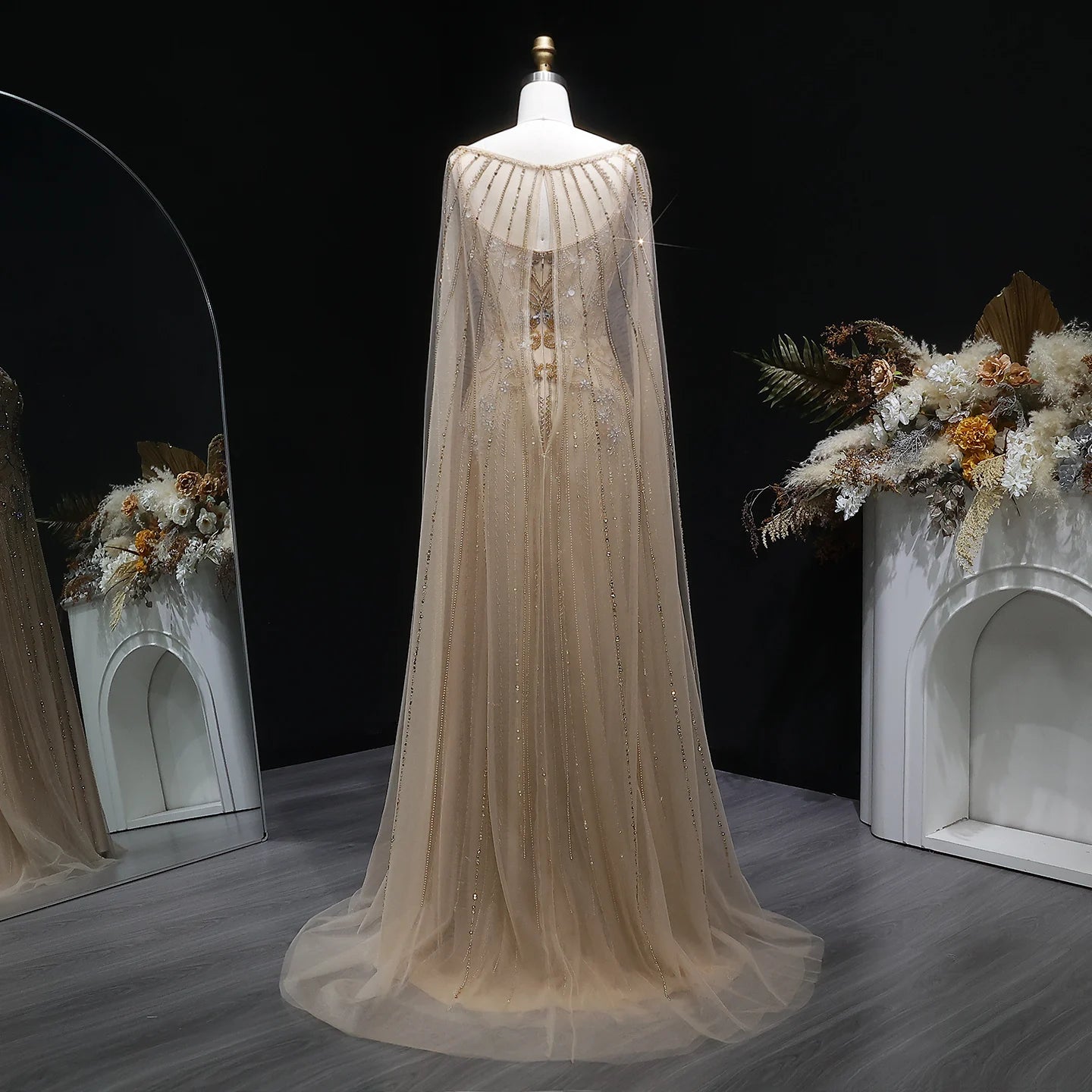 Champagne Crystal Beaded Evening Gown with Cape — Luxury GCC Wedding Formal — Riviera Couture GCC Luxury Evening Gown