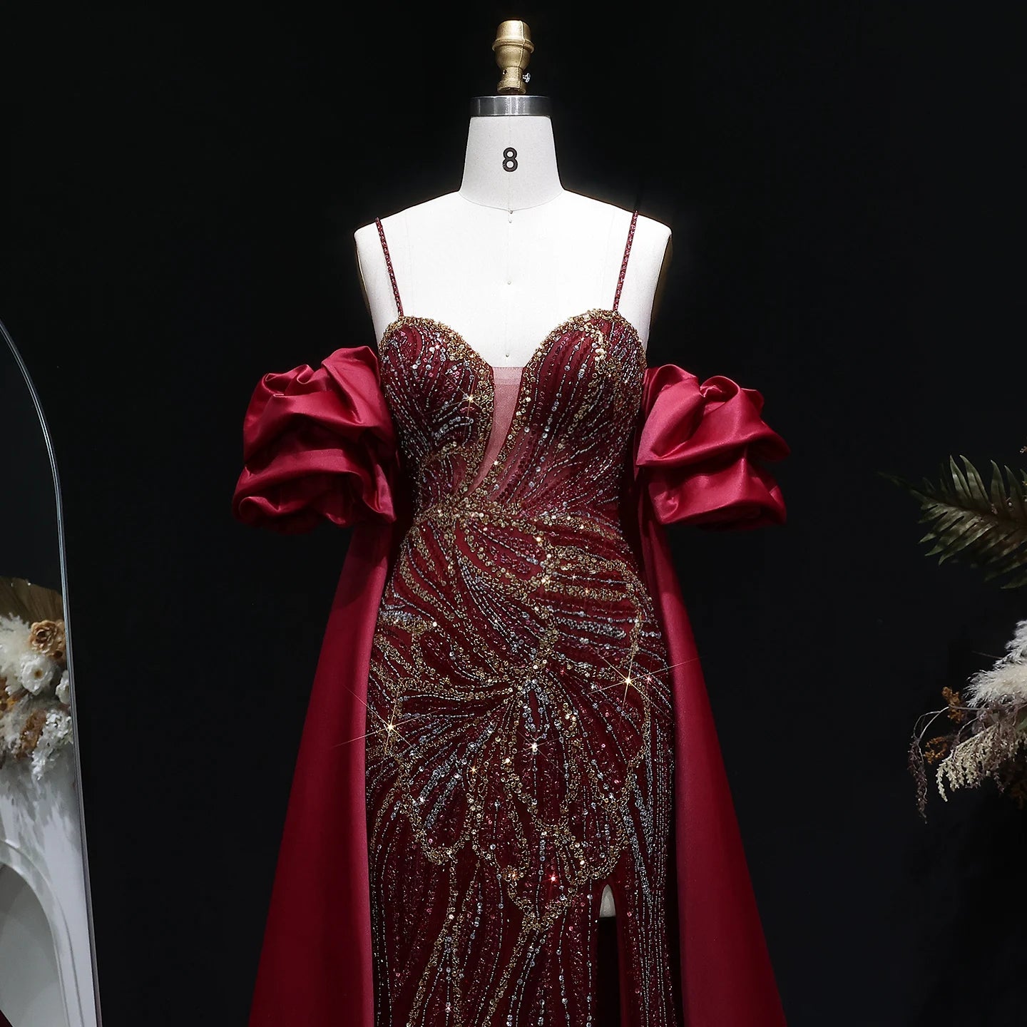 Wine Red Off-Shoulder Cape Ruffle Evening Gown — Beaded Luxury GCC Formal — Riviera Couture GCC Luxury Evening Gown