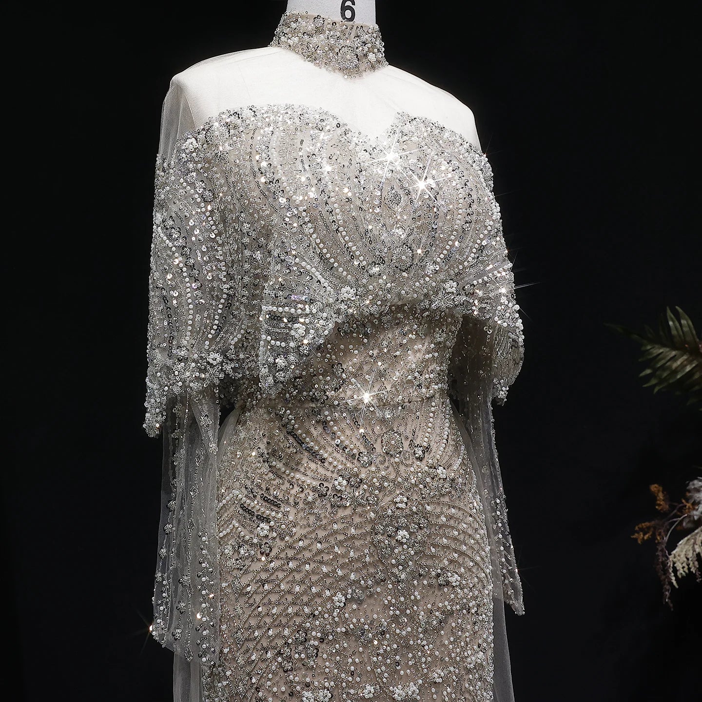 Green Gray Dubai Evening Gown with Cape — Long Sleeve Detachable Overskirt — Riviera Couture GCC Luxury Evening Gown
