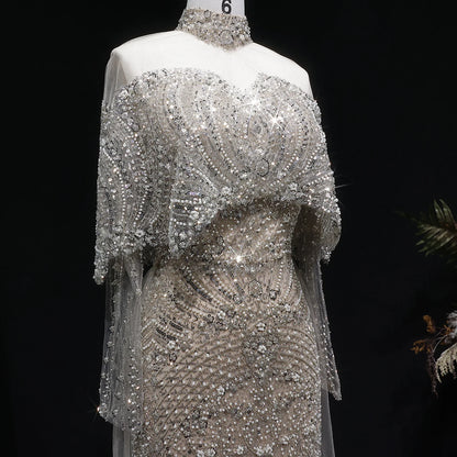 Green Gray Dubai Evening Gown with Cape — Long Sleeve Detachable Overskirt — Riviera Couture GCC Luxury Evening Gown