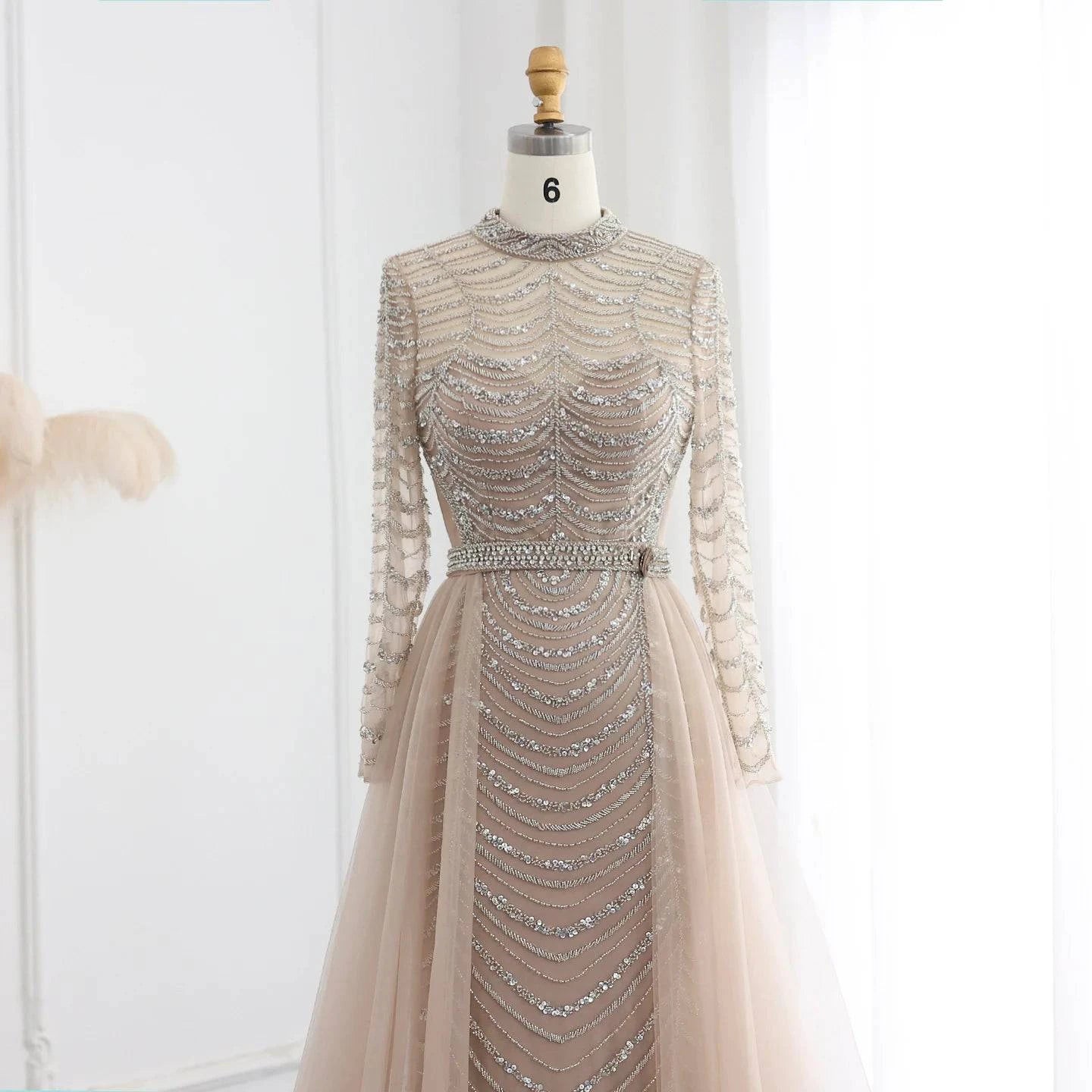 Long Sleeve Champagne Gown with Overskirt - Riviera Couture