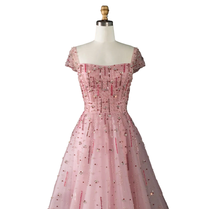 Pink Pink Off-Shoulder A-Line Evening Gown — Luxury Beaded Arabic GCC — Riviera Couture GCC Luxury Evening Gown