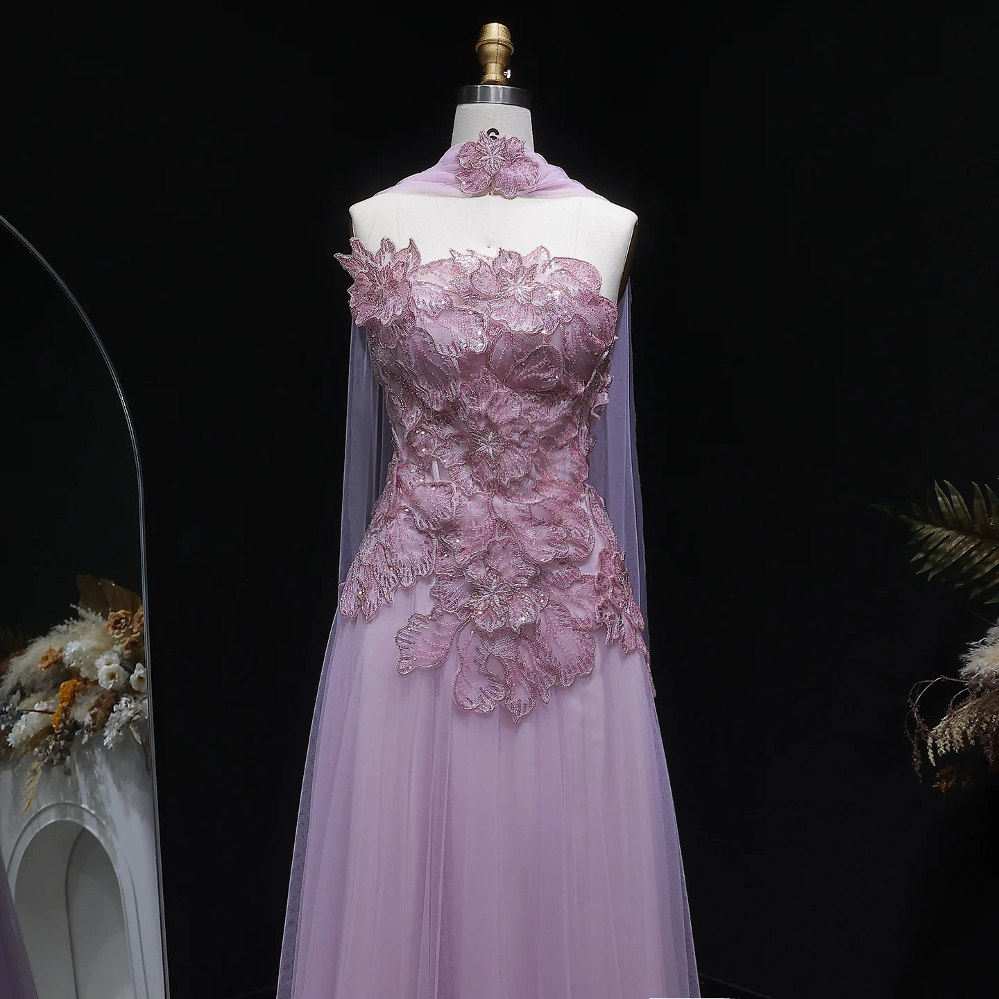 Blue A-Line Evening Gown with Scarf — Appliqué Beaded GCC Formal — Riviera Couture GCC Luxury Evening Gown
