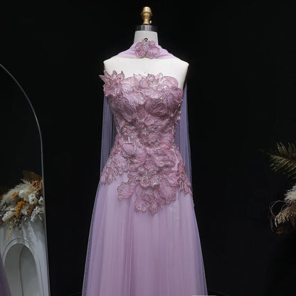 Blue A-Line Evening Gown with Scarf — Appliqué Beaded GCC Formal — Riviera Couture GCC Luxury Evening Gown