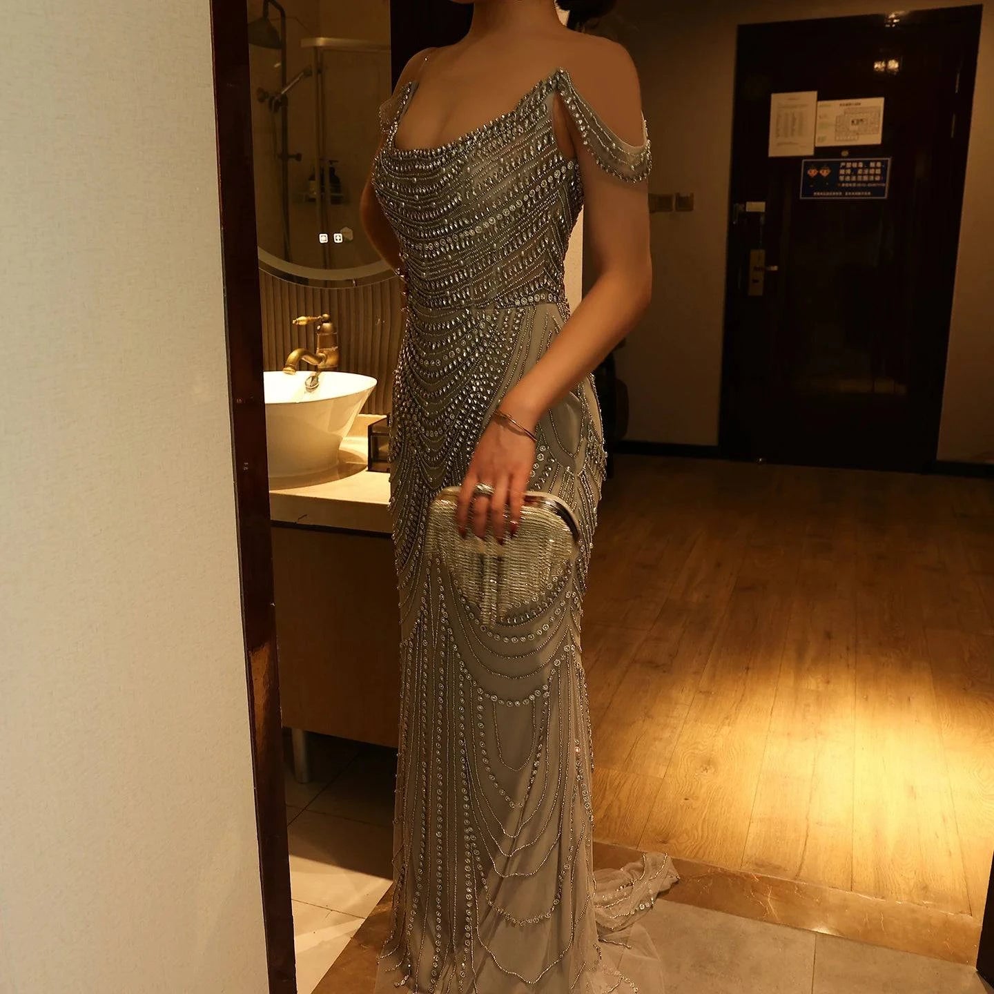 Luxury Crystal Silver Gray Mermaid  Evening Dress - Riviera Couture