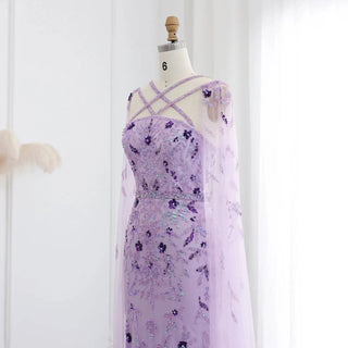 Lilac Evening Dress with Cape Sleeves and Criss Cross Neckline - Riviera Couture