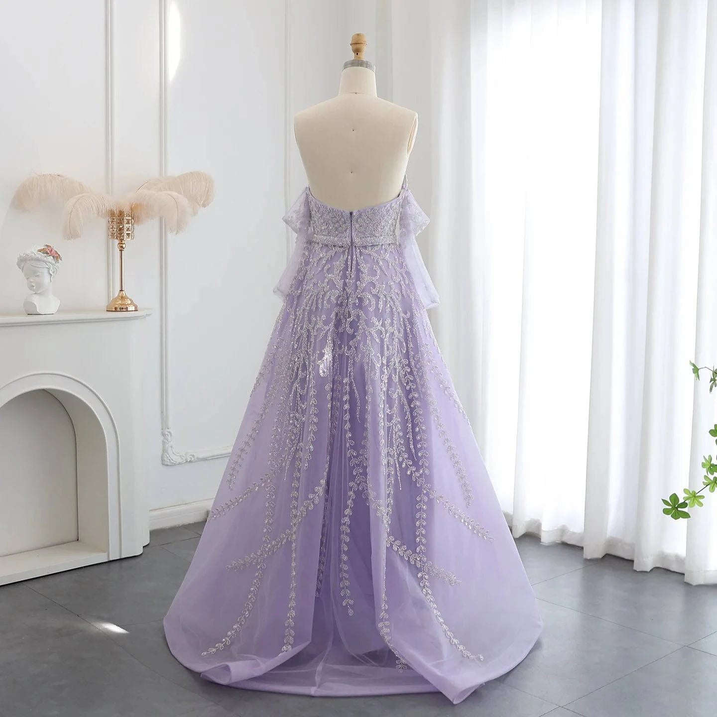 Beaded Lilac Evening Dress with Sleeve Gloves - Riviera Couture