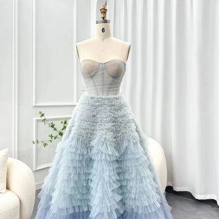 Blue Ombre Tiered Ruffles Evening Dress - RC21 - Riviera Couture