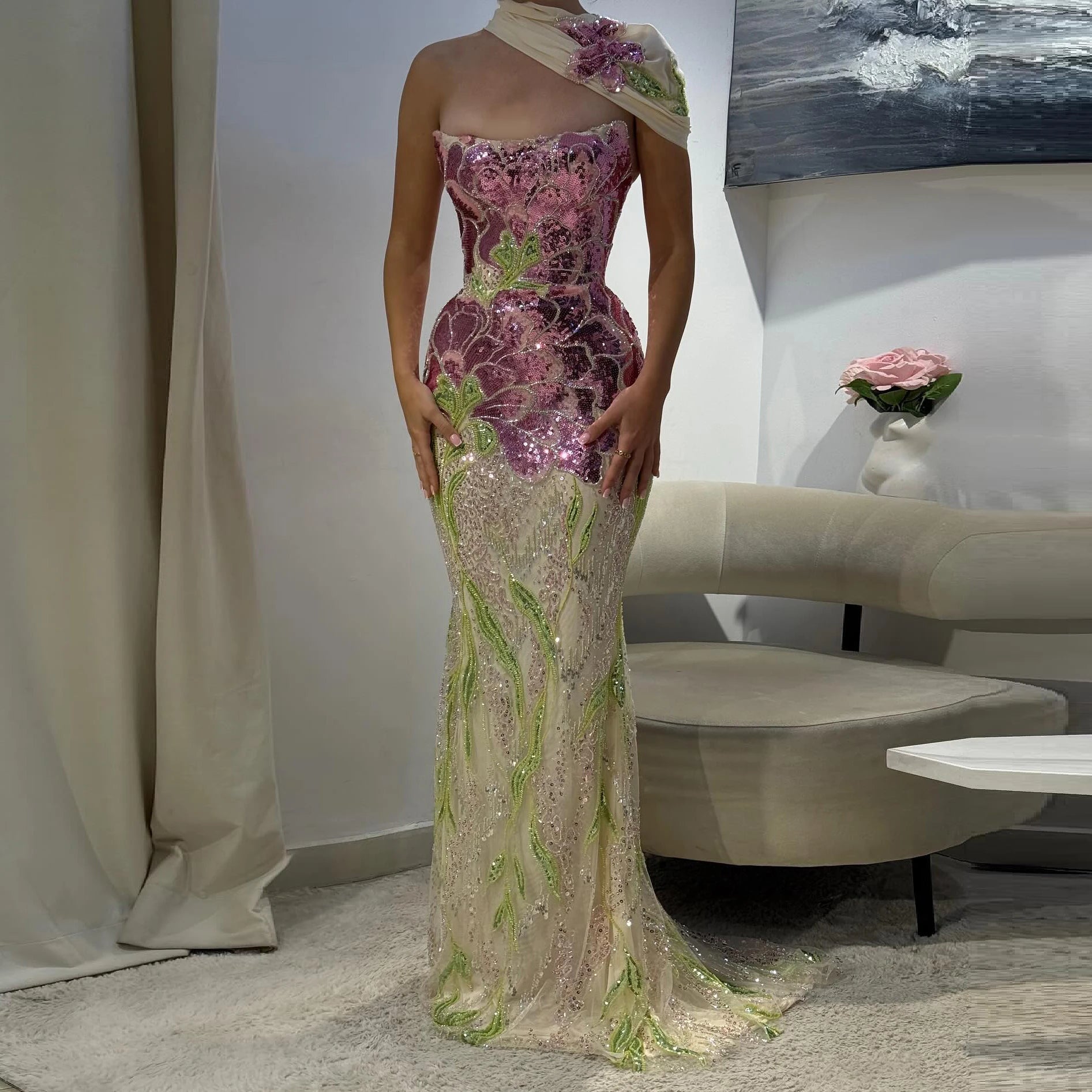 Beaded Sequined Mermaid Evening Gown with Scarf — GCC Luxury — Riviera Couture GCC Luxury Evening Gown