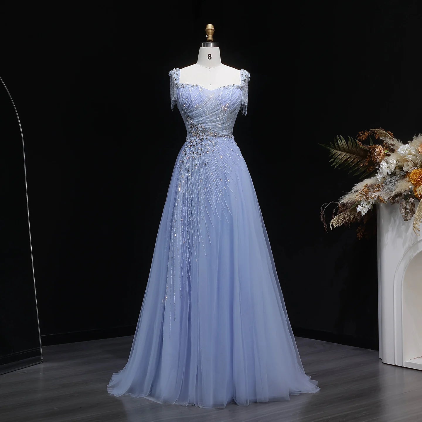 A-Line Evening Gown — Tassel Beaded Crystal GCC Luxury 2026 — Riviera Couture GCC Luxury Evening Gown