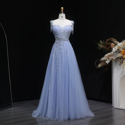 Blue A-Line Evening Gown — Tassel Beaded Crystal GCC Luxury 2026 — Riviera Couture GCC Luxury Evening Gown