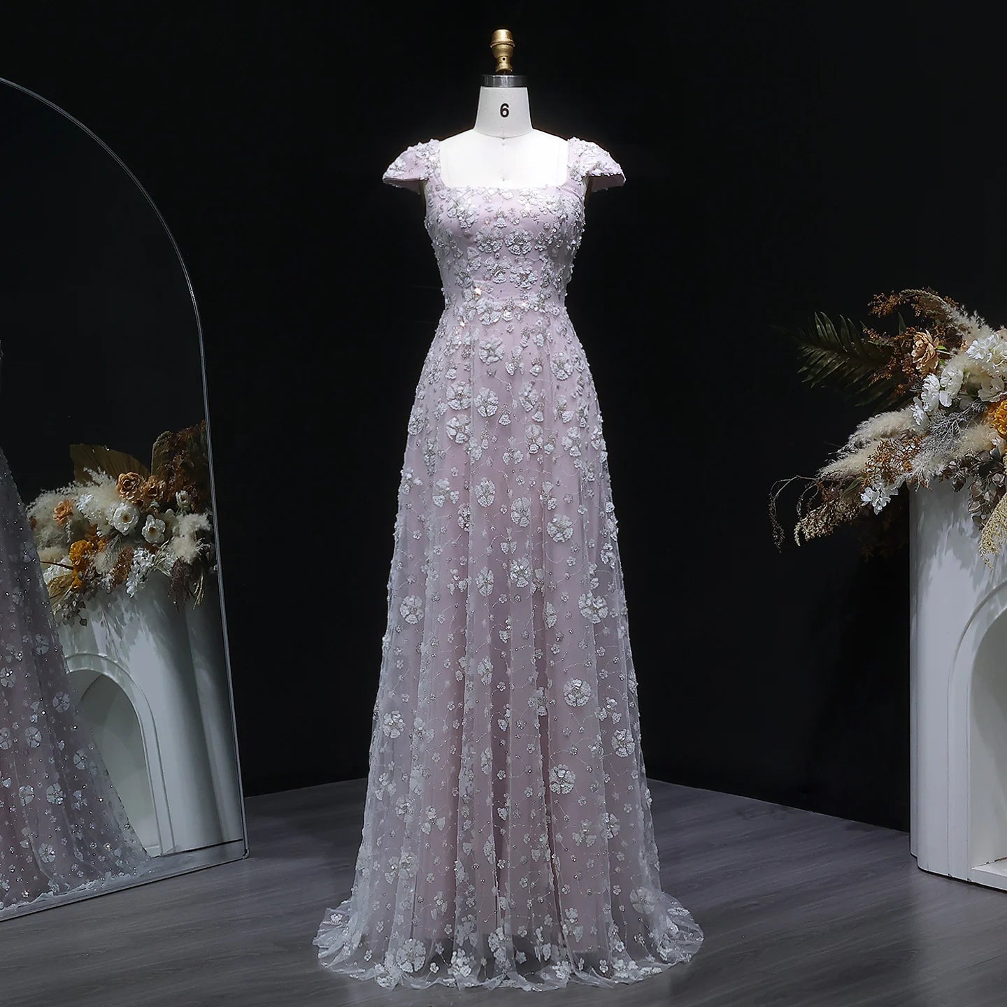 Pink Pink Floral A-Line Evening Gown — Square Neck Beaded Flowers GCC — Riviera Couture GCC Luxury Evening Gown