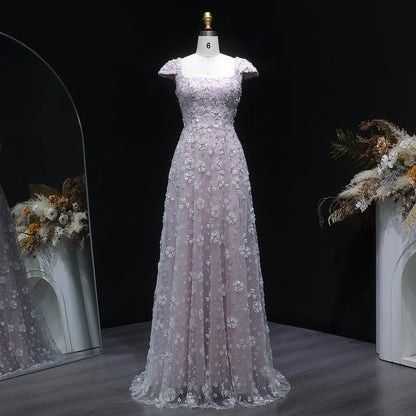 Light Pink Floral Evening Gown — Square Neck Open Back GCC Wedding — Riviera Couture GCC Luxury Evening Gown