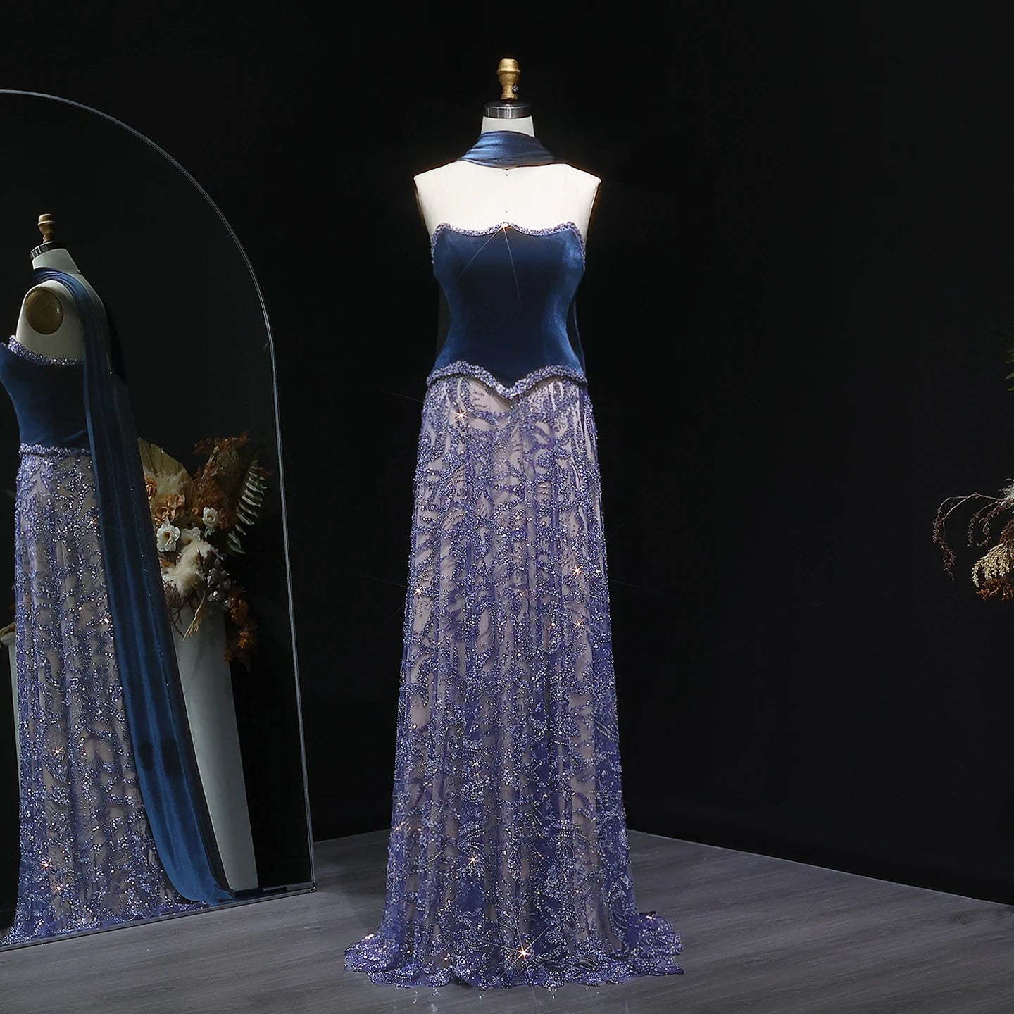 Turquoise Blue Velvet Two-Piece Evening Gown with Scarf — Arabic Luxury — Riviera Couture GCC Luxury Evening Gown