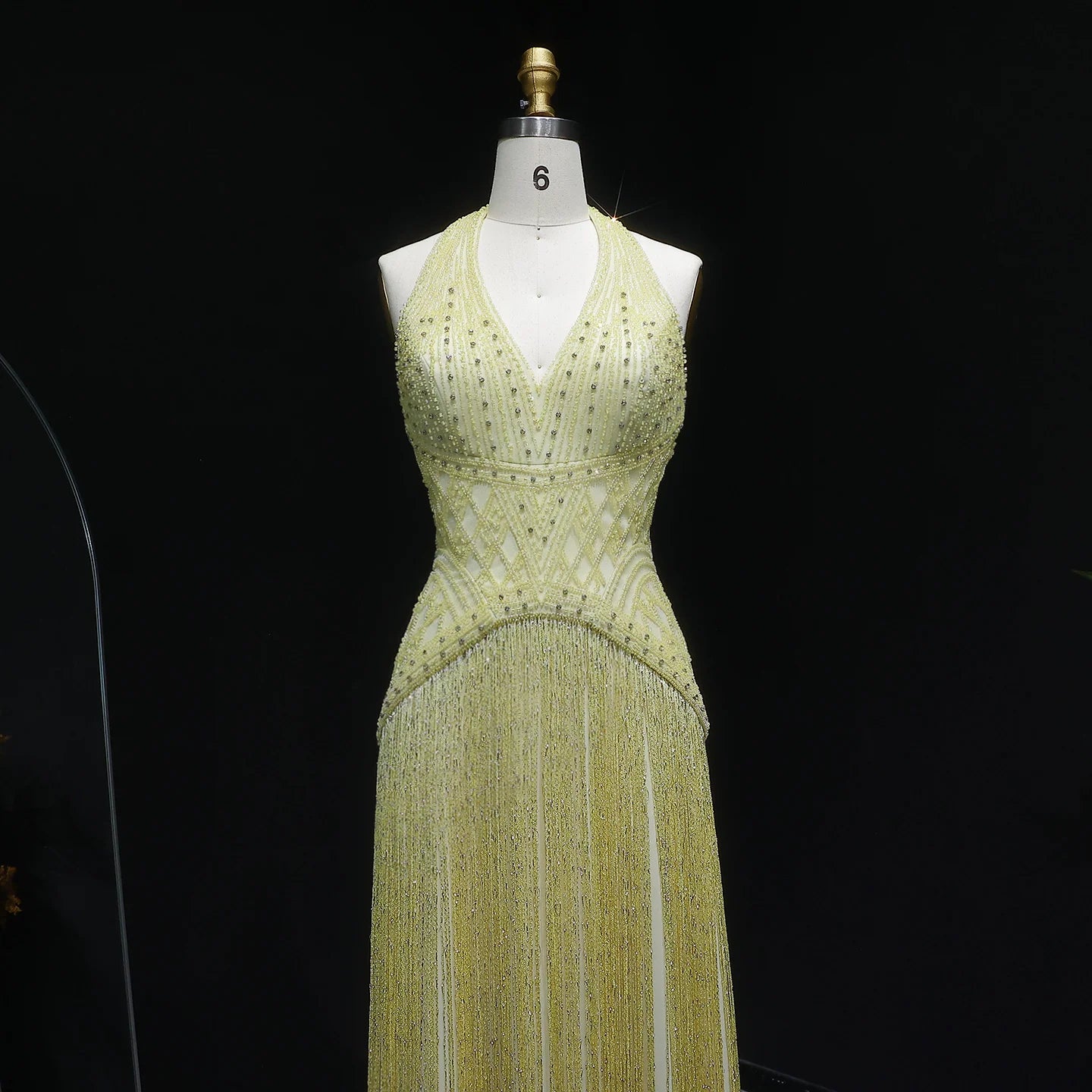 Yellow Yellow Mermaid Evening Gown — Beaded Tassel Halter V-Neck GCC — Riviera Couture GCC Luxury Evening Gown