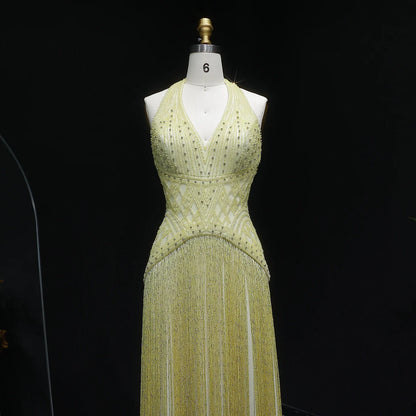 Yellow Yellow Mermaid Evening Gown — Beaded Tassel Halter V-Neck GCC — Riviera Couture GCC Luxury Evening Gown