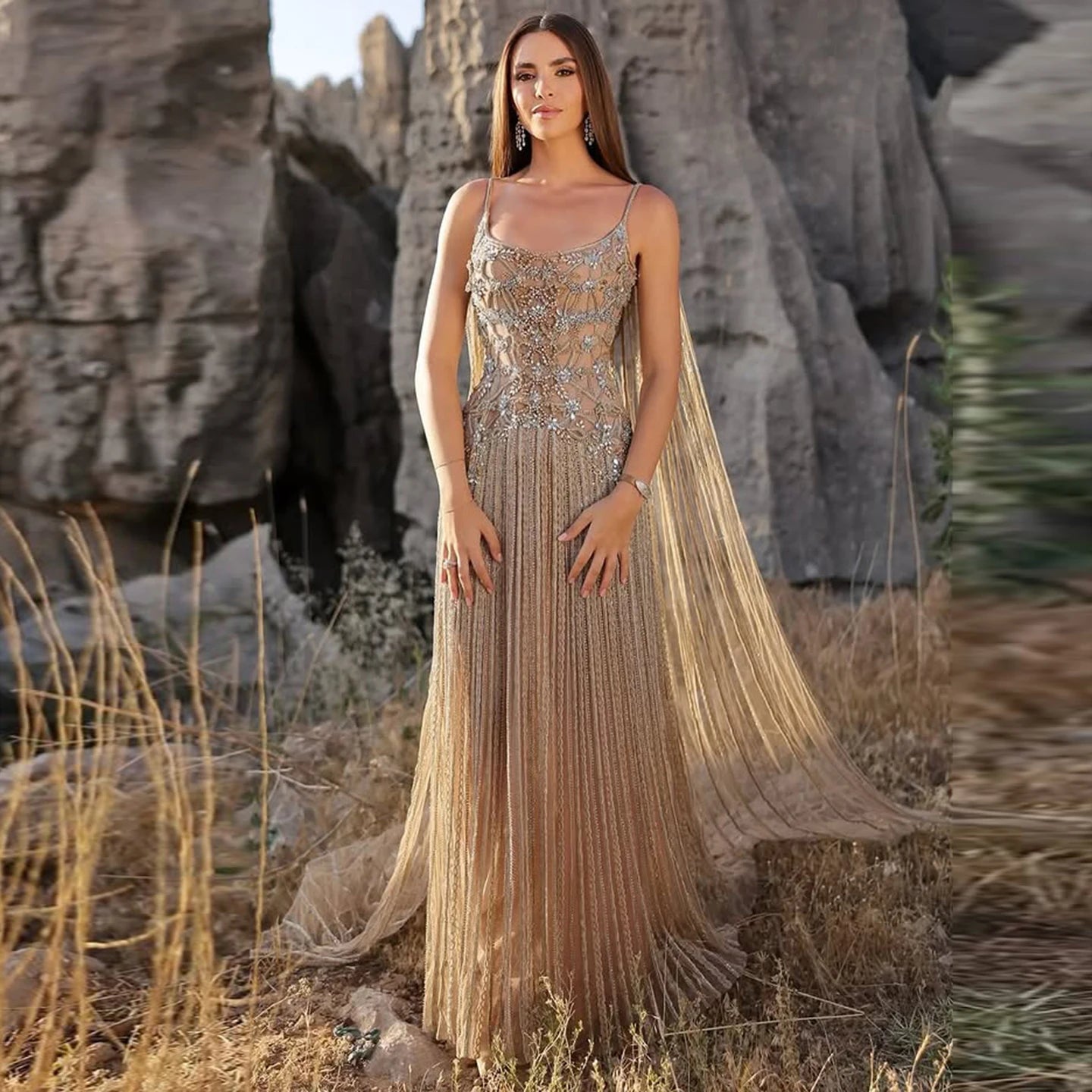 Champagne Crystal Beaded Evening Gown with Cape — Luxury GCC Wedding Formal — Riviera Couture GCC Luxury Evening Gown