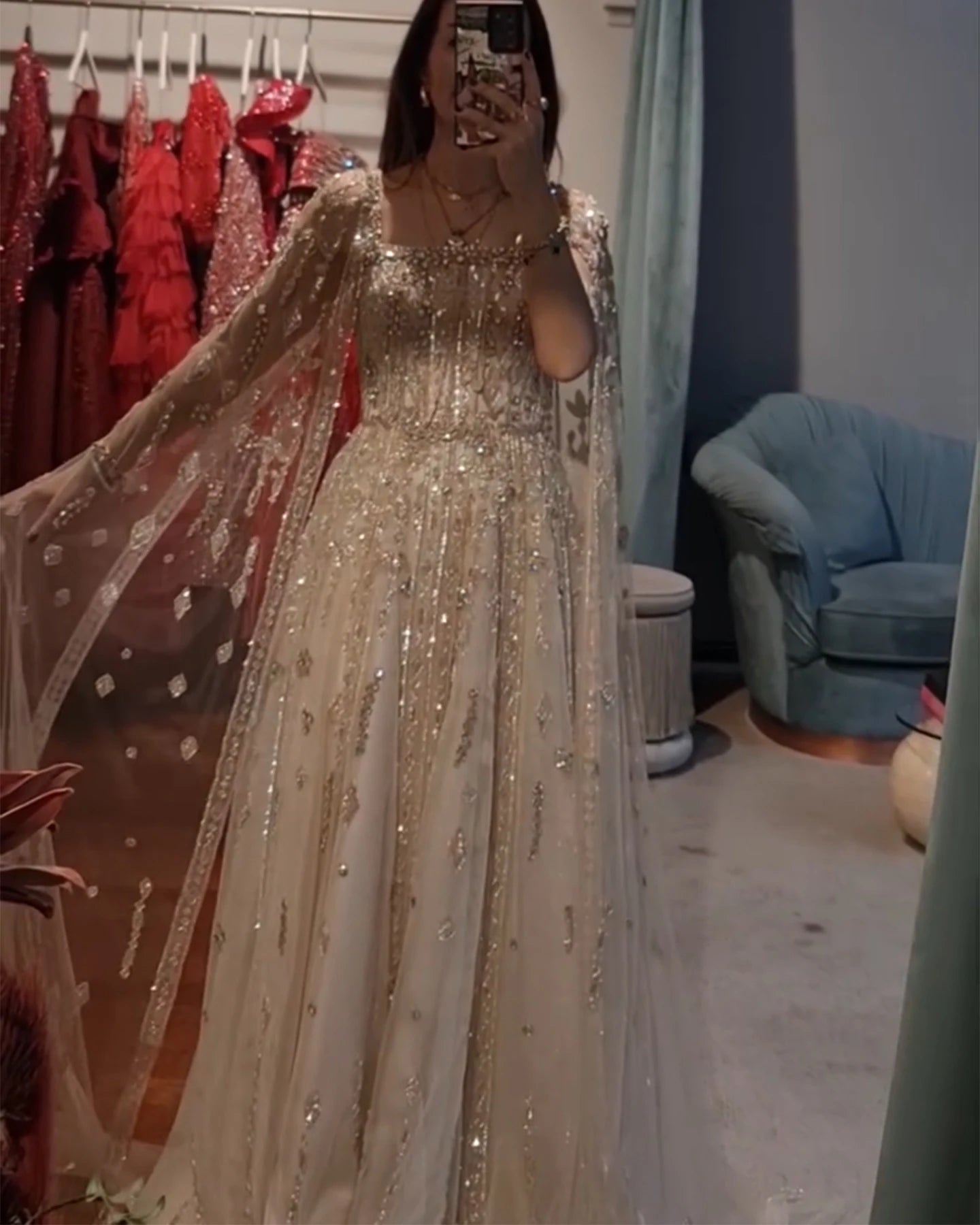 Blue Nude Arabic Evening Gown with Cape Sleeves and Wine Red Choker — Riviera Couture GCC Luxury Evening Gown