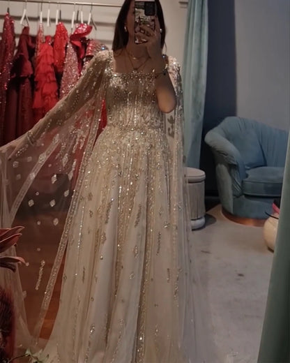 Blue Nude Arabic Evening Gown with Cape Sleeves and Wine Red Choker — Riviera Couture GCC Luxury Evening Gown
