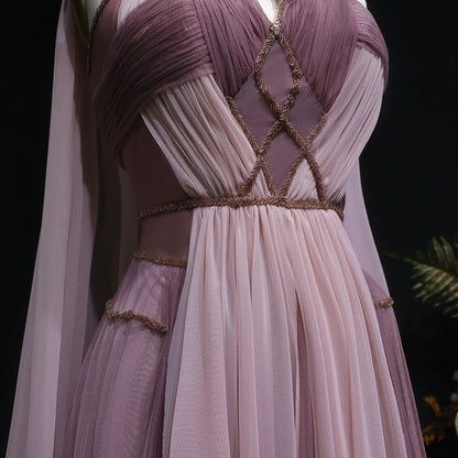 Ombre Pink Ombré Pink Cape Sleeve Evening Gown — Criss-Cross Halter Backless — Riviera Couture GCC Luxury Evening Gown