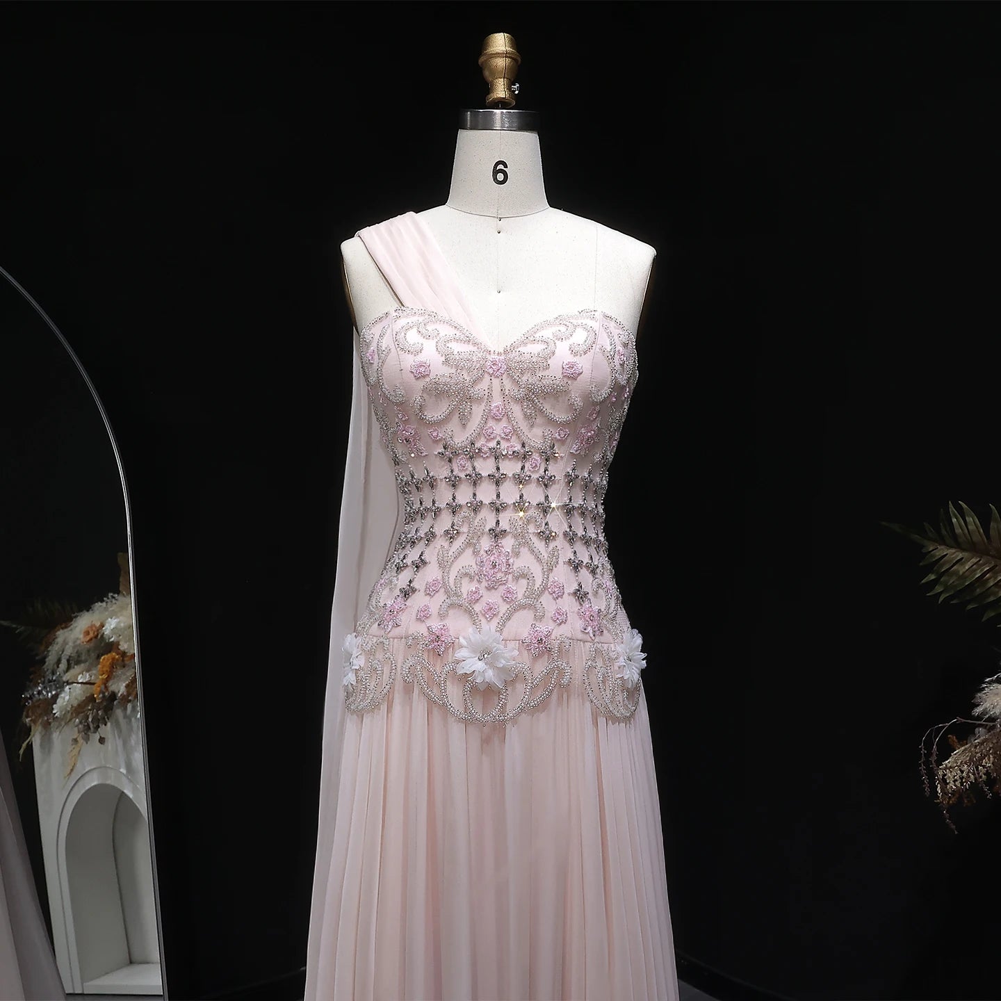 Blush Pink One-Shoulder A-Line Evening Gown with Cape — 3D Flowers Crystal — Riviera Couture GCC Luxury Evening Gown