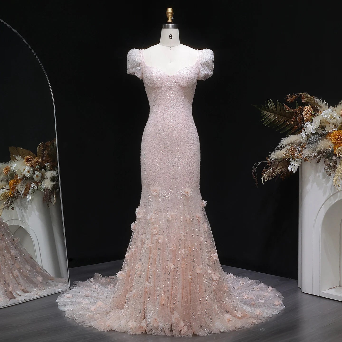 Pink Floral Sequined Mermaid Evening Gown — GCC Wedding Formal — Riviera Couture GCC Luxury Evening Gown