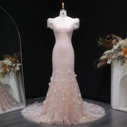 Pink Floral Sequined Mermaid Evening Gown — GCC Wedding Formal — Riviera Couture GCC Luxury Evening Gown