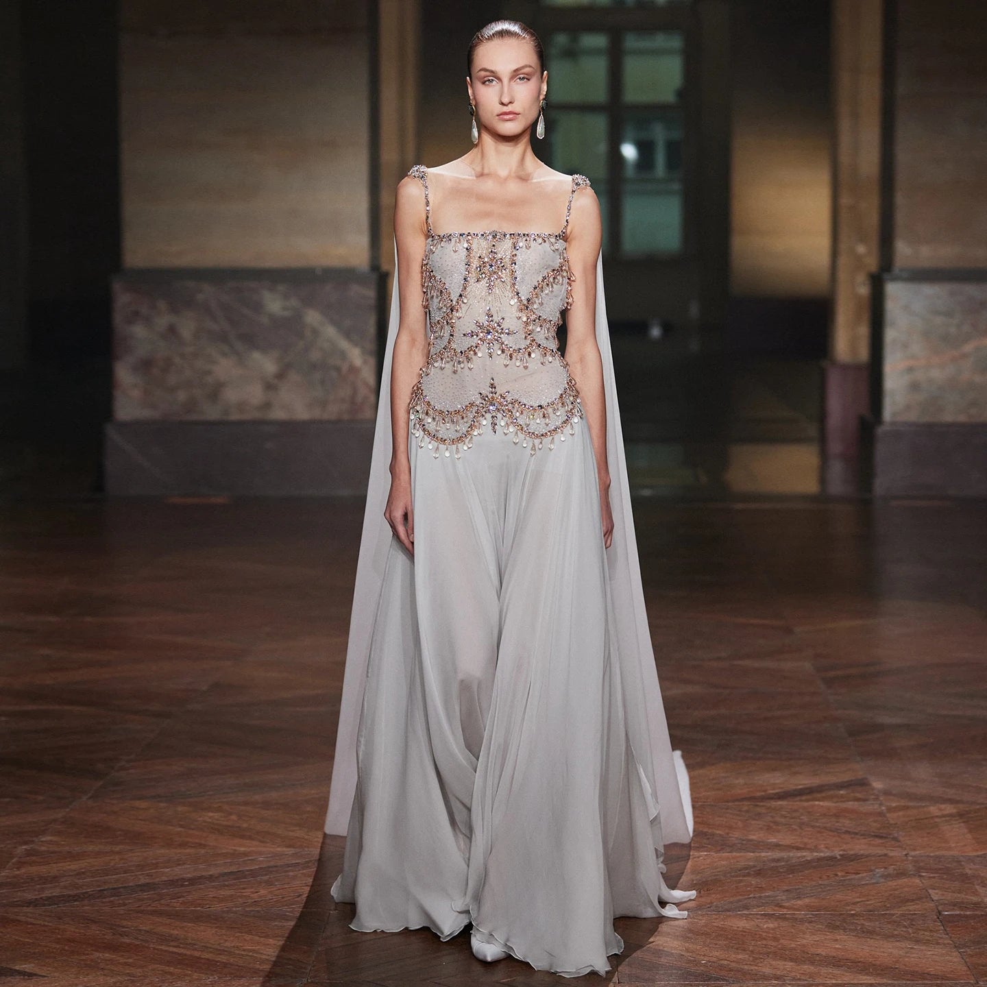 Blush Pink Silver Gold Cape Sleeve Evening Gown — Crystal Beaded Blush Pink — Riviera Couture GCC Luxury Evening Gown