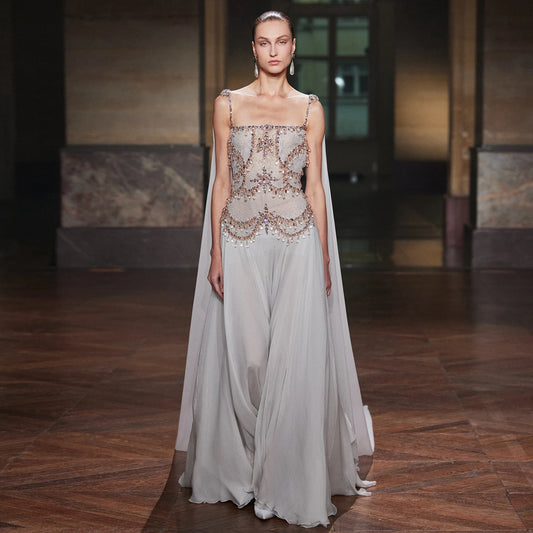 Blush Pink Silver Gold Cape Sleeve Evening Gown — Crystal Beaded Blush Pink — Riviera Couture GCC Luxury Evening Gown