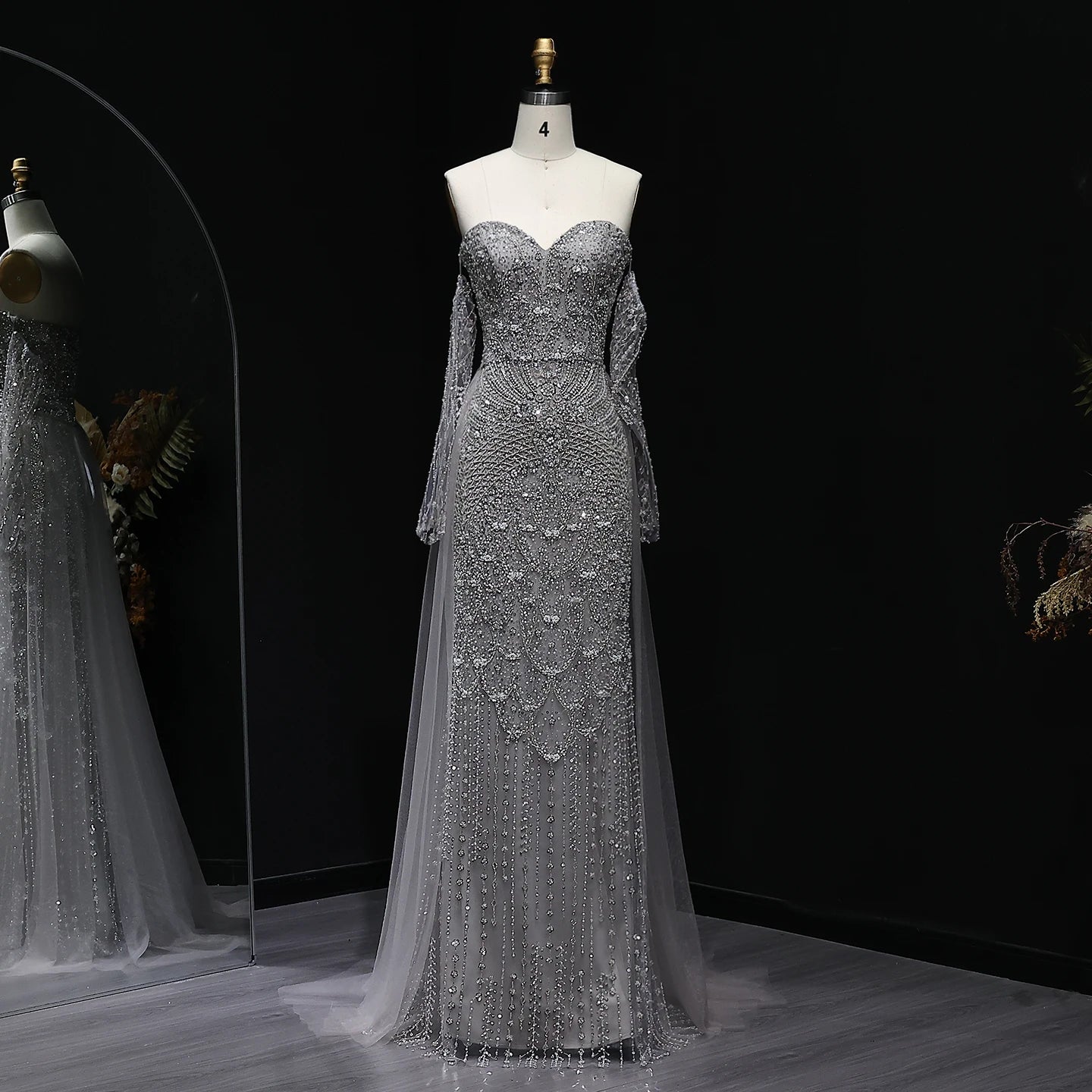 Gray Gray Dubai Evening Gown with Cape — Long Sleeve Detachable Overskirt — Riviera Couture GCC Luxury Evening Gown