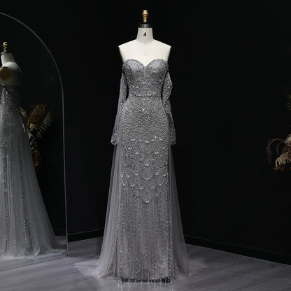 Gray Gray Dubai Evening Gown with Cape — Long Sleeve Detachable Overskirt — Riviera Couture GCC Luxury Evening Gown