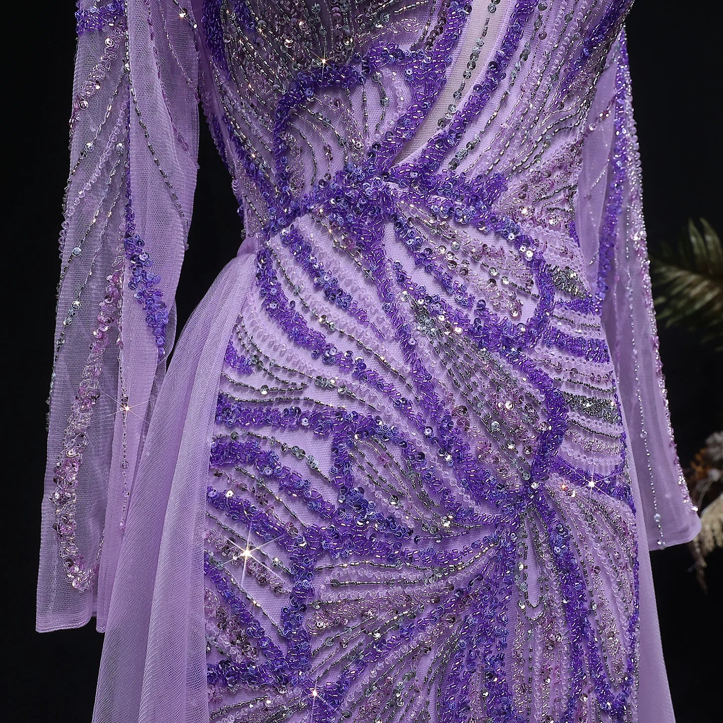 Lilac Beaded Long Sleeve Evening Gown with Overskirt and Side Slit — Riviera Couture GCC Luxury Evening Gown