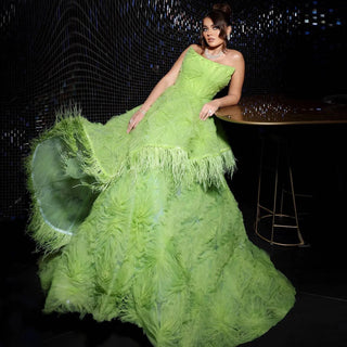 Feather 3D Floral Lime Green Evening Dress - Riviera Couture