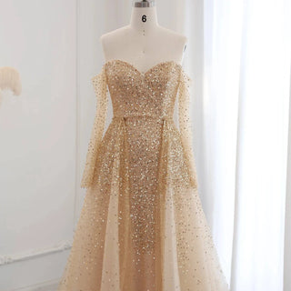 Champagne Gold Mermaid Evening Dress with Detachable Overskirt Off Shoulder RC29 - Riviera Couture