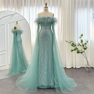 Feather Off Shoulder Gown - Riviera Couture