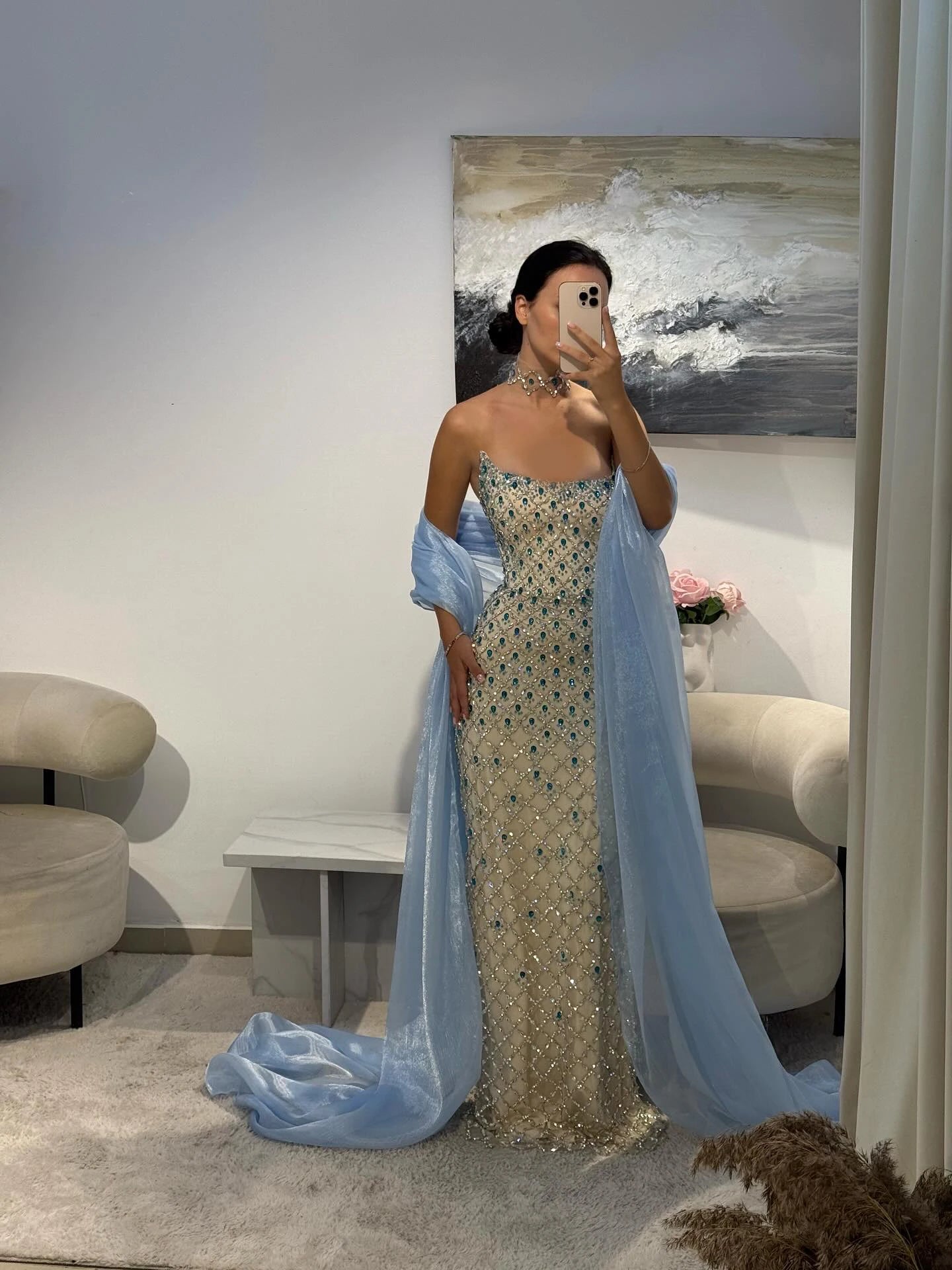 Beaded Crystal Evening Gown with Cape — Luxury GCC Formal 2026 — Riviera Couture GCC Luxury Evening Gown