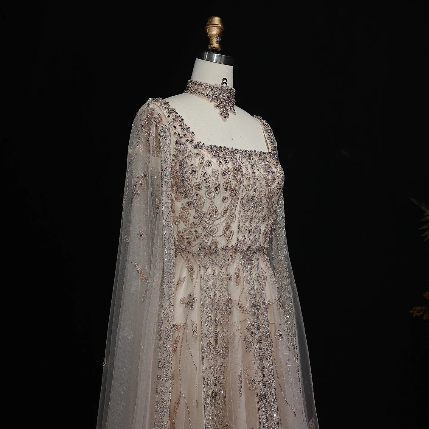 Beige Nude Arabic Evening Gown with Cape Sleeves and Wine Red Choker — Riviera Couture GCC Luxury Evening Gown