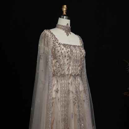 Beige Nude Arabic Evening Gown with Cape Sleeves and Wine Red Choker — Riviera Couture GCC Luxury Evening Gown