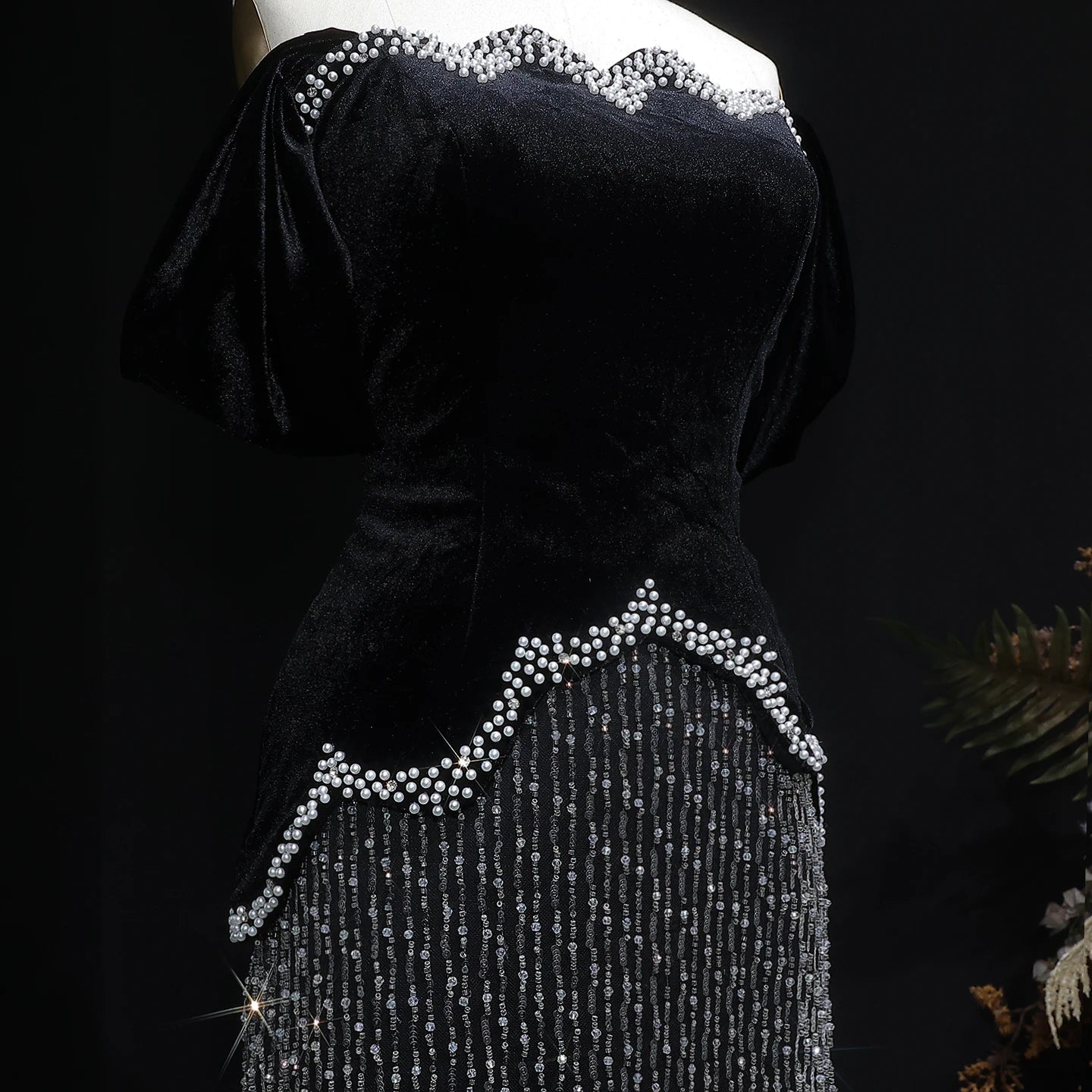 Black Black Beaded Off-Shoulder Evening Gown with Slit — Arabic Luxury — Riviera Couture GCC Luxury Evening Gown
