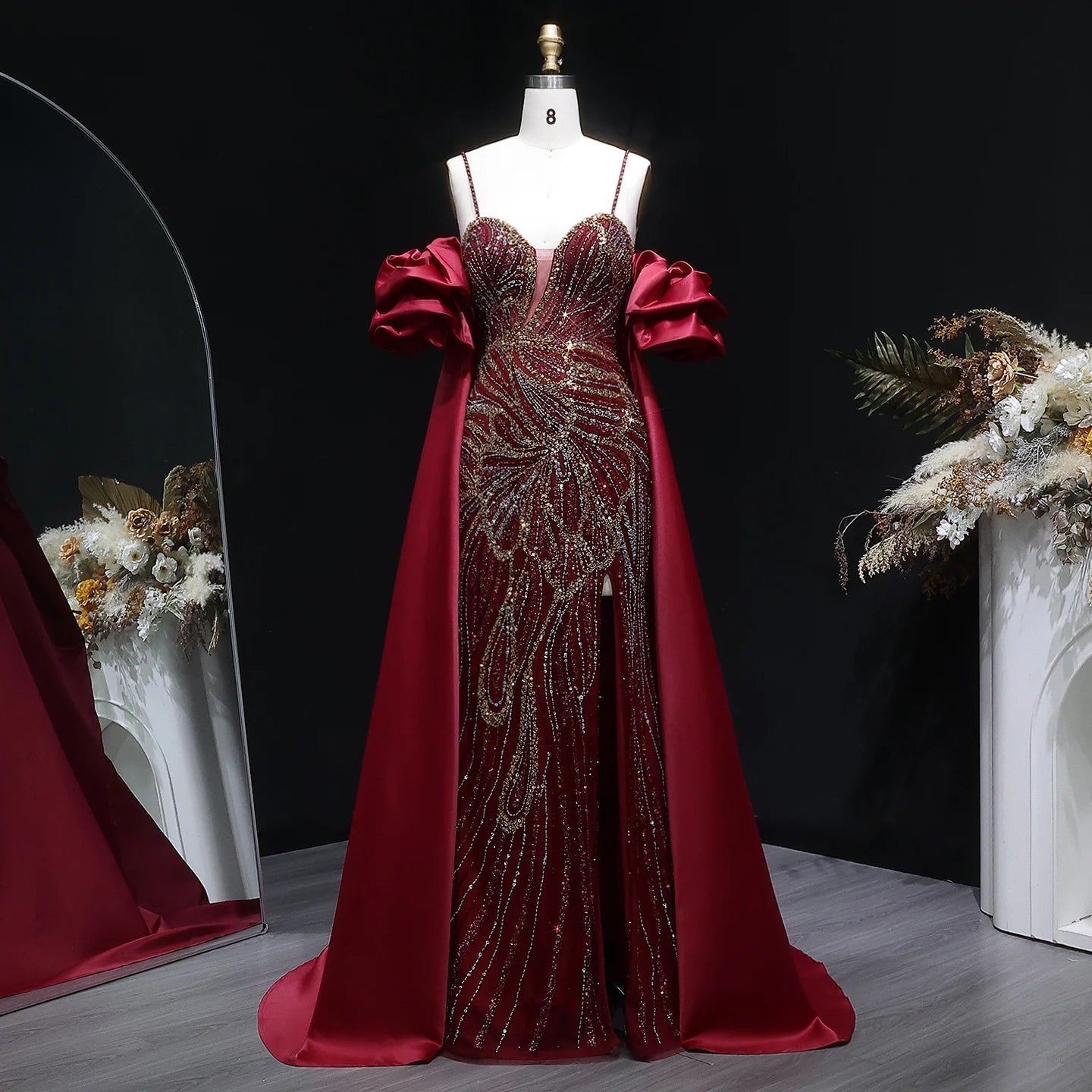 Off-Shoulder Cape Ruffle Evening Gown — Beaded Luxury GCC Formal — Riviera Couture GCC Luxury Evening Gown