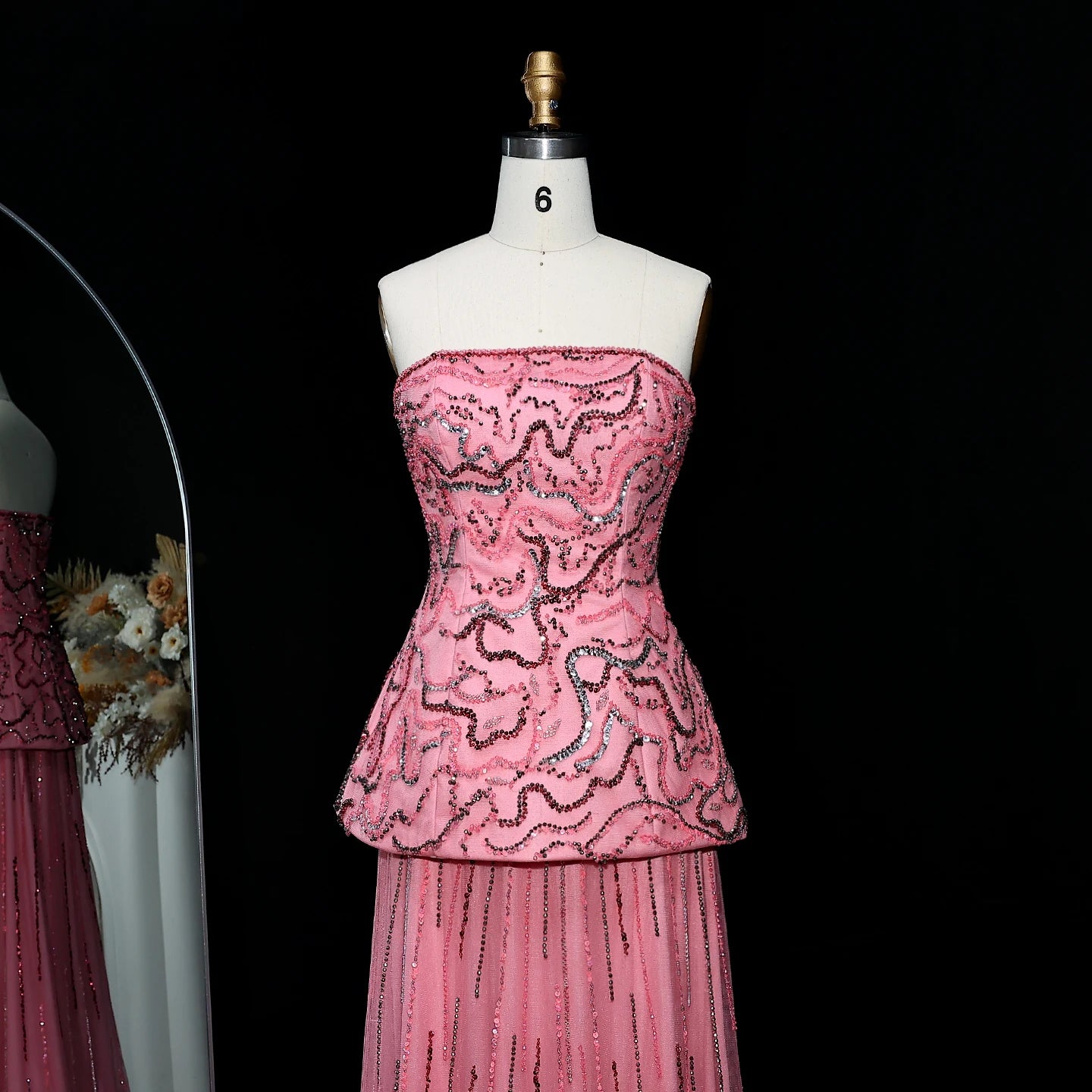Rose Pink Rose Pink and Blue Beaded Two-Piece Strapless Evening Gown — GCC — Riviera Couture GCC Luxury Evening Gown