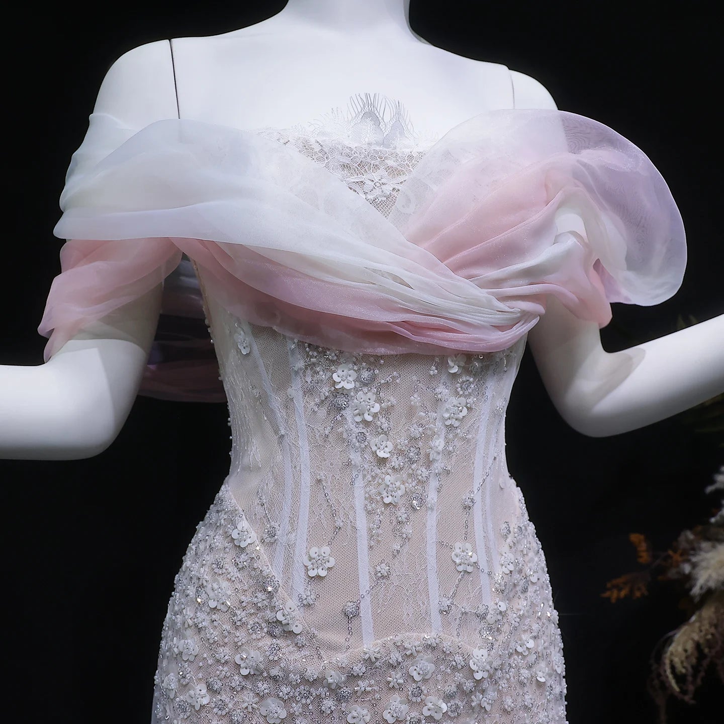 Blush Pink Off-Shoulder Sequined Evening Gown with Cape — GCC Wedding Formal — Riviera Couture GCC Luxury Evening Gown
