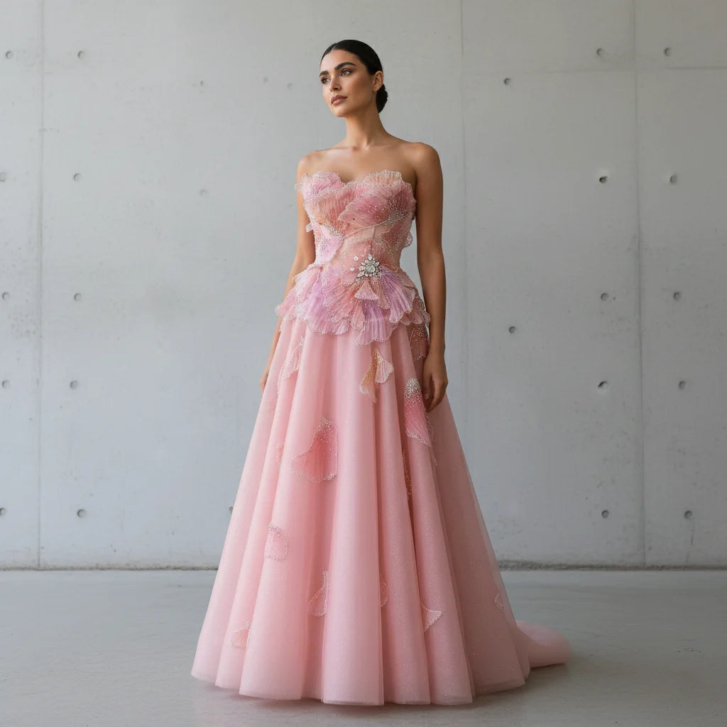 Pink Pink Strapless A-Line Evening Gown — 3D Flowers Crystal Beaded — Riviera Couture GCC Luxury Evening Gown