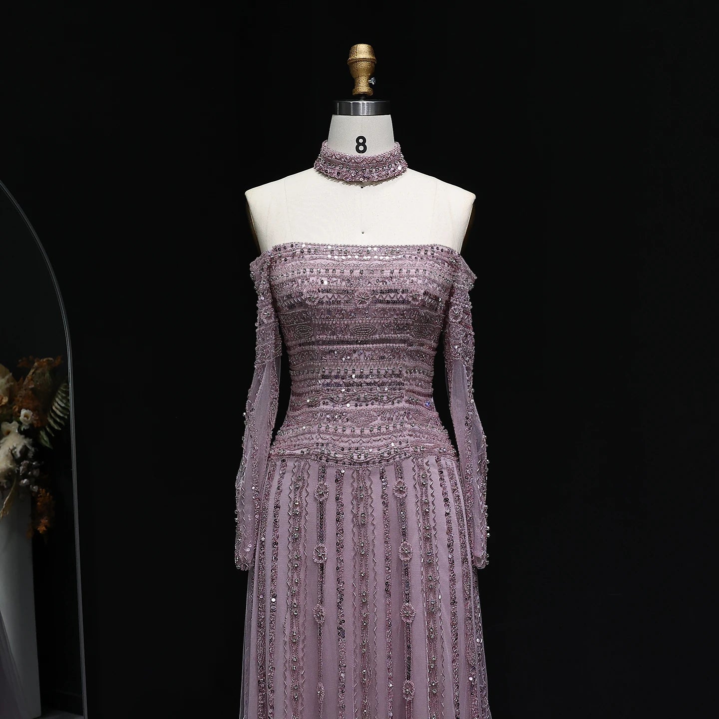 GRAY Pink Off-Shoulder Evening Gown with Choker — Heavy Beaded Long Sleeve — Riviera Couture GCC Luxury Evening Gown