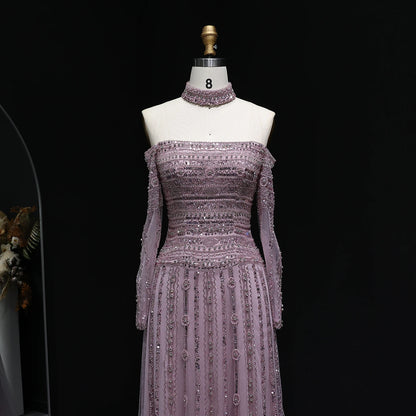 GRAY Pink Off-Shoulder Evening Gown with Choker — Heavy Beaded Long Sleeve — Riviera Couture GCC Luxury Evening Gown